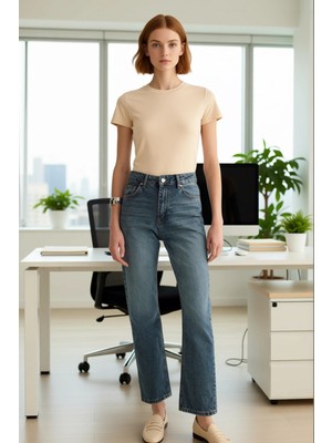 FRM Açık Yüksek Bel Düz Paça Denim Pantolon Kadın Fonksiyonel Dayanıklı Kaliteli Konforlu Spor