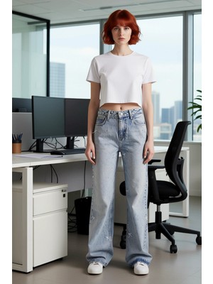 FRM Kadın Fiyonk Nokta Desenli Wide Leg Denim Pantolon Fonksiyonel Dayanıklı Kaliteli Konforlu