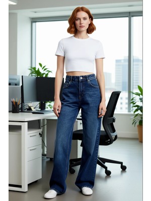 FRM Kadın Geniş Paça Yüksek Bel Koyu Denim Pantolon Fonksiyonel Dayanıklı Kaliteli Konforlu Şık