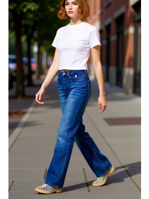 PayBuy Kadin Yüksek Bel Ispanyol Paça Denim Pantolon Fonksiyonel Dayanıklı Kaliteli Konforlu Spor