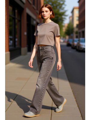 PayBuy Kadın Antrasit Vintage Yıkama Geniş Paça Jean Pantolon Fonksiyonel Dayanıklı Kaliteli Spor