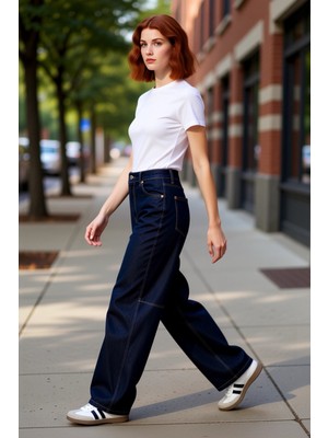 PayBuy Kadın Koyu Dikiş Detaylı Barrel Denim Pantolon Fonksiyonel Dayanıklı Kaliteli Konforlu Şık