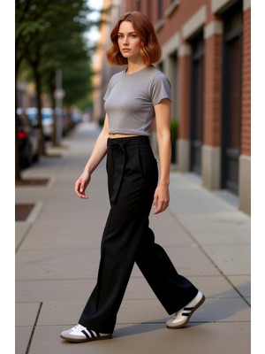 PayBuy Kadın Kuşaklı Düz Kesim Nervürlü Kumaş Pantolon Fonksiyonel Dayanıklı Kaliteli Konforlu Şık