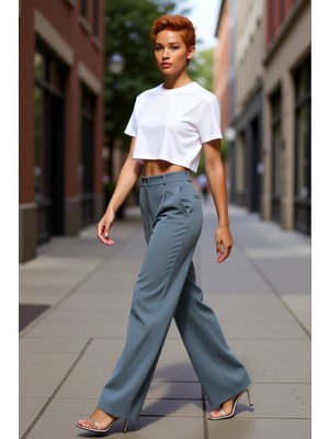 PayBuy Kadın Haki Yüksek Bel Geniş Paça Pilili Dokuma Pantolon Fonksiyonel Dayanıklı Kaliteli Şık