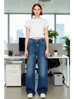 FRM Kadın Normal Bel Kesik Paça Geniş Bacak Jean Fonksiyonel Dayanıklı Kaliteli Konforlu Rahat