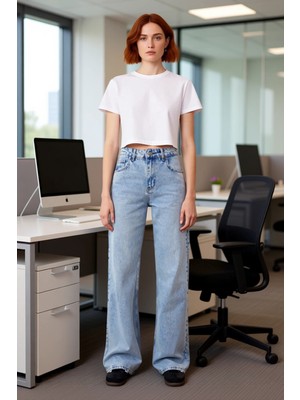 FRM Kadın Geniş Paça Denim Pantolon Açık Yüksek Bel Fonksiyonel Dayanıklı Kaliteli Konforlu Şık
