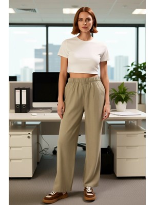 FRM Kadın Haki Geniş Paça Dokuma Pantolon Fonksiyonel Dayanıklı Kaliteli Konforlu Estetik Spor