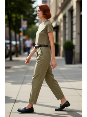 PayBuy Kadın Haki Yüksek Bel Kemerli Bol Kesim Pantolon Fonksiyonel Dayanıklı Kaliteli Konforlu Şık