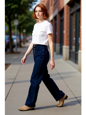 PayBuy Kadın Geniş Paça Düğmeli Yüksek Bel Jean Pantolon Fonksiyonel Dayanıklı Kaliteli Konforlu Şık