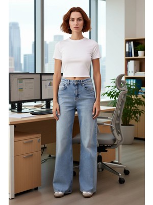 FRM Kadın Comfort Esnek Geniş Paça Jean Pantolon Fonksiyonel Dayanıklı Kaliteli Konforlu Rahat