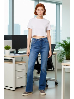 FRM Kadın Flare Kesim Yüksek Bel Koyu Denim Pantolon Fonksiyonel Dayanıklı Kaliteli Konforlu Şık