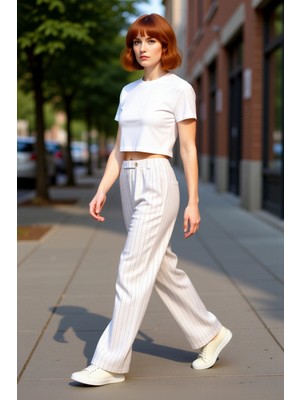 PayBuy Kadın Çizgili Yüksek Bel Düz Kesim Keten Görünümlü Pantolon Fonksiyonel Dayanıklı Kaliteli
