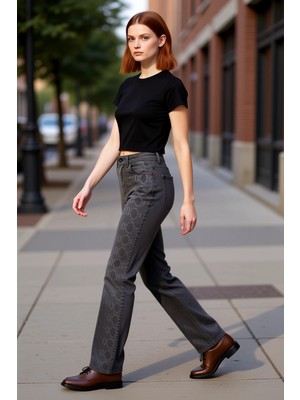 PayBuy Kadın Yılan Desenli Flare Jean Pantolon Normal Bel Esnek Kumaş Fonksiyonel Dayanıklı Rahat