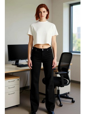 FRM Kadın Geniş Paça Kot Pantolon Püsküllü Bel Fonksiyonel Dayanıklı Kaliteli Konforlu Estetik