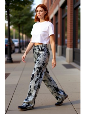 PayBuy Kadın Süet Görünümlü Flok Baskılı Wide Leg Jean Pantolon Fonksiyonel Dayanıklı Kaliteli Şık