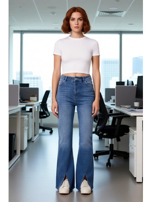 FRM Kadın Comfort Esnek Yüksek Bel Flare Jean Pantolon Fonksiyonel Dayanıklı Kaliteli Konforlu