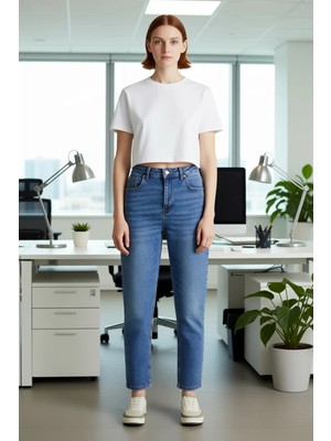 FRM Kadın Koyu Mom Fit Denim Pantolon Fonksiyonel Dayanıklı Kaliteli Konforlu Estetik Premium Şık