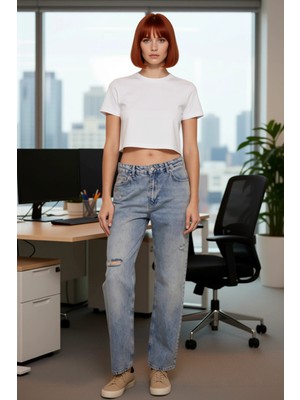 FRM Kadın Yırtık Detaylı Uzun Straight Denim Pantolon Fonksiyonel Dayanıklı Kaliteli Konforlu Şık