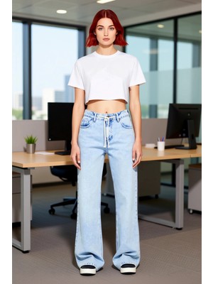 FRM Kadın Açık Rejeneratif Pamuk Beli Ipli Normal Bel Geniş Paça Denim Fonksiyonel Dayanıklı Şık