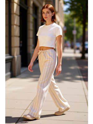 PayBuy Kadın Keten Görünümlü Çizgili Geniş Paça Pantolon Fonksiyonel Dayanıklı Kaliteli Konforlu Şık