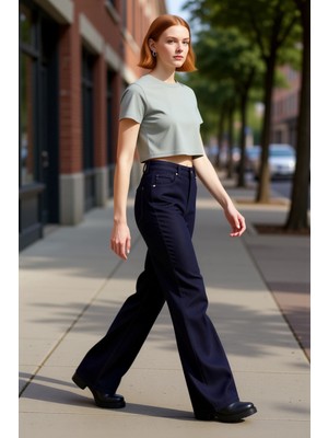 PayBuy Koyu Jakar Dokulu Yüksek Bel Geniş Paça Kadın Pantolonu Fonksiyonel Dayanıklı Kaliteli Şık