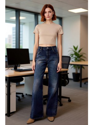 FRM Kadın Koyu Geniş Bacak Denim Pantolon Fonksiyonel Dayanıklı Kaliteli Konforlu Estetik Spor