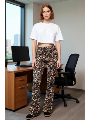 FRM Kadın Vahşi Desenli Yüksek Bel Ispanyol Paça Pantolon Fonksiyonel Dayanıklı Kaliteli Rahat