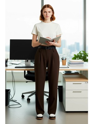 FRM Kadın Dokuma Kumaş Wide Leg Pantolon Kemerli Fonksiyonel Dayanıklı Kaliteli Konforlu Rahat