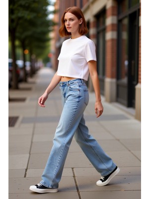 PayBuy Kadın Açık Düşük Bel Geniş Paça Denim Pantolon Fonksiyonel Dayanıklı Kaliteli Konforlu Şık