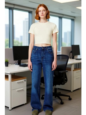 FRM Kadın Koyu Yüksek Bel Bol Paça Denim Pantolon Fonksiyonel Dayanıklı Kaliteli Konforlu Spor