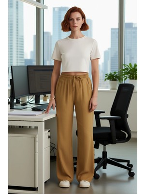 FRM Kadın Wide Leg Lastikli Bel Dokuma Keten Karışımlı Pantolon Fonksiyonel Dayanıklı Kaliteli
