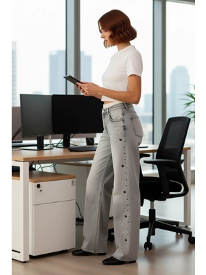 FRM Kadın Denim Wide Leg Pantolon Yıldız Detaylı Fonksiyonel Dayanıklı Kaliteli Konforlu Rahat
