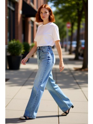 PayBuy Kadın Açık Yüksek Bel Geniş Paça Denim Pantolon Fonksiyonel Dayanıklı Kaliteli Konforlu Şık