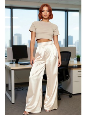 FRM Kadın Wide Leg Saten Dokuma Pantolon Fonksiyonel Dayanıklı Kaliteli Konforlu Estetik Rahat