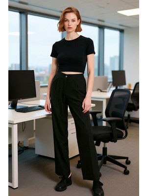 FRM Kadın Yüksek Bel Düz Kesim Poliviskon Kumaş Pantolon Fonksiyonel Dayanıklı Kaliteli Modern
