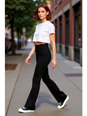 PayBuy Kadın Yüksek Bel Nervürlü Flare Örme Pantolon Fonksiyonel Dayanıklı Kaliteli Konforlu Spor