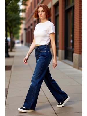 PayBuy Kadın Yüksek Bel Geniş Paça Denim Pantolon Fonksiyonel Dayanıklı Kaliteli Konforlu Estetik