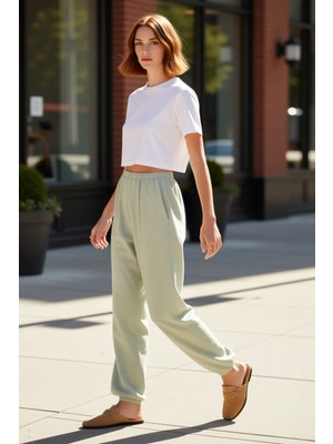 PayBuy Kadın Haki Müslin Jogger Pantolon Yüksek Bel Fonksiyonel Dayanıklı Kaliteli Konforlu Rahat