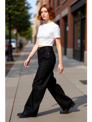 PayBuy Kadın Dikiş Detaylı Geniş Paça Denim Pantolon Fonksiyonel Dayanıklı Kaliteli Konforlu Spor