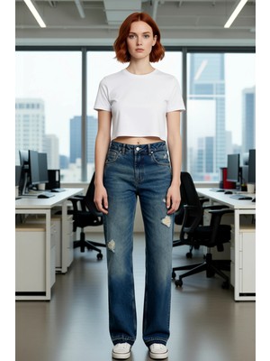 FRM Kadın Yırtıklı Wide Leg Denim Pantolon Cool & Comfort Fonksiyonel Dayanıklı Kaliteli Rahat