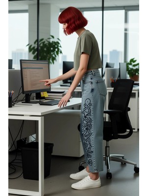 FRM Kadın Açık Nakışlı Yüksek Bel Geniş Paça Pantolon Fonksiyonel Dayanıklı Kaliteli Konforlu Şık