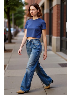 PayBuy Kadın Yüksek Bel Geniş Paça Denim Pantolon Fonksiyonel Dayanıklı Kaliteli Konforlu Estetik