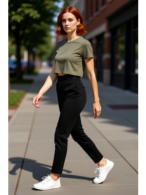 PayBuy Kadın Yüksek Bel Nervürlü Slim Fit Örme Pantolon Fonksiyonel Dayanıklı Kaliteli Konforlu Şık