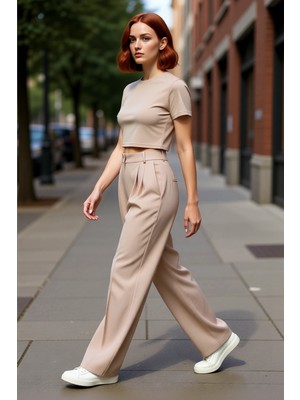 PayBuy Kadın Geniş Paça Kemerli Dokuma Pantolon Fonksiyonel Dayanıklı Kaliteli Konforlu Estetik Şık