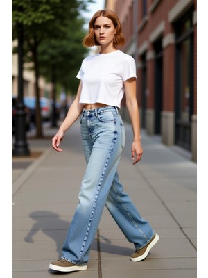 PayBuy Kadın Geniş Paça Yüksek Bel Denim Pantolon Fonksiyonel Dayanıklı Kaliteli Konforlu Estetik