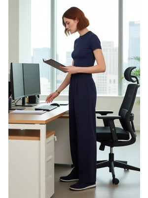 FRM Kadın Yüksek Bel Dokuma Geniş Paça Pantolon Fonksiyonel Dayanıklı Kaliteli Konforlu Modern