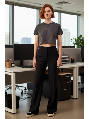 FRM Kadın Düz Dokuma Geniş Paça Pantolon Fonksiyonel Dayanıklı Kaliteli Konforlu Estetik Rahat