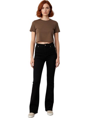 Ersefa Kadın Koyu Yüksek Bel Flare Kesim Jean Pantolon Fonksiyonel Dayanıklı Kaliteli Konforlu Şık