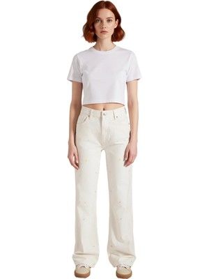 Ersefa Kadın Çiçek Desenli Geniş Paça Denim Pantolon Fonksiyonel Dayanıklı Kaliteli Konforlu Spor