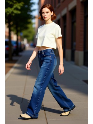 PayBuy Kadın Yüksek Bel Geniş Paça Denim Pantolon Fonksiyonel Dayanıklı Kaliteli Konforlu Estetik